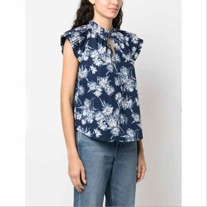 Ralph Lauren Polo Floral Printed Flutter Pleated Sleeve Blouse Top Blue Spring